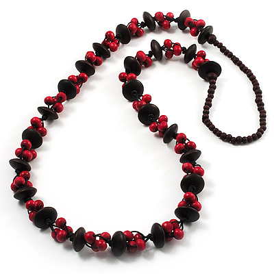 Long Wood Button & Bead Necklace (Brown & Red) - 110cm Length - main view