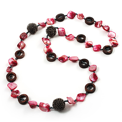 Magenta Shell Composite, Wood Ring & Metal Wire Bead Long Necklace - 84cm Length