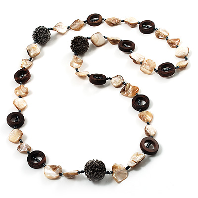 Antique White Shell Composite, Wood Ring & Metal Wire Bead Long Necklace - 84cm Length - main view