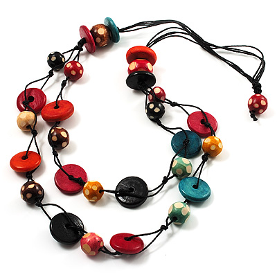 2 Strand Wood Bead Cotton Cord Necklace (Multicoloured) - 78cm - main view