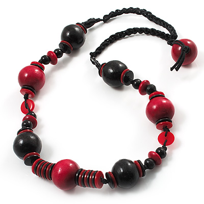 Black & Red Wood Bead Cord Necklace - 50cm - main view