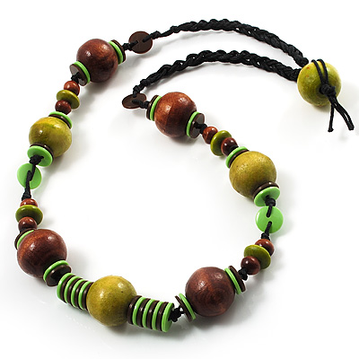 Olive Green & Brown Wood Bead Cord Necklace - 56cm