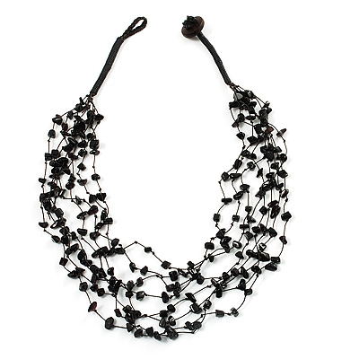 Black Nugget Multistrand Cotton Cord Necklace - 58cm L