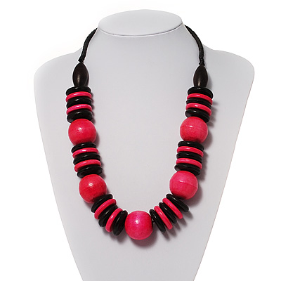 Chunky Beaded Cotton Cord Necklace (Bright Pink & Black) - main view