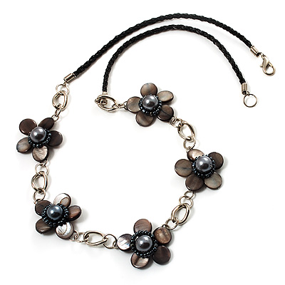 Delicate Dark Grey Shell Floral Leather Cord Necklace - 62cm Length - main view