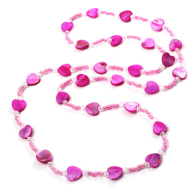 Bright Pink Heart Shell & Bead Long Necklace -100cm Length - main view