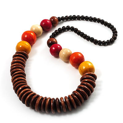 Long Multicoloured Chunky Wood Bead Necklace  - 76cm length - main view
