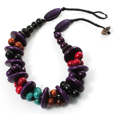 Multicoloured Chunky Wood Bead Cotton Cord Necklace - 44cm - main view