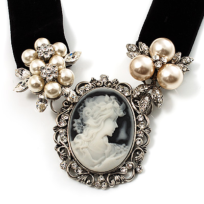 Stunning Simulated Pearl Cameo Black Velour Ribbon Necklace (Silver Tone) - main view