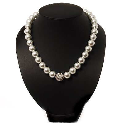 Snow White Glass Imitation Pearl Crystal Choker Necklace (Silver Tone Metal) - main view