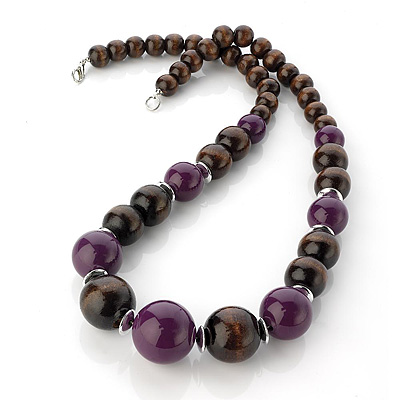 Long Chunky Brown & Purple Wood Bead Necklace - 60cm Length - main view