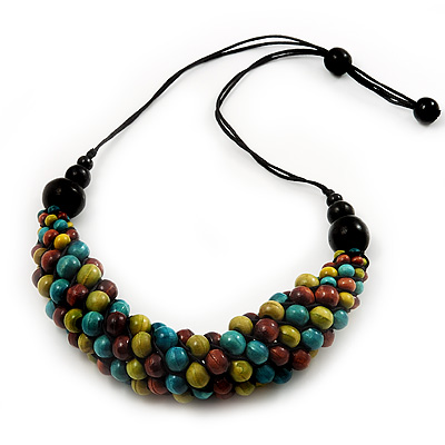 Chunky Multicoloured Wood Bead Cotton Cord Necklace - 68cm Length - main view