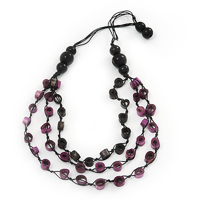 Long Multistrand Purple/Black Wood Bead Cotton Cord Necklace - 80cm Length - main view