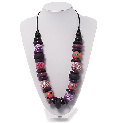 Chunky Purple Wood Beaded Cotton Cord Necklace - 66cm Length - main view