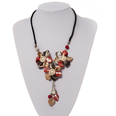 Shell-Composite Triple Flower With Tassel Leather Cord Necklace - 42cm Length - main view