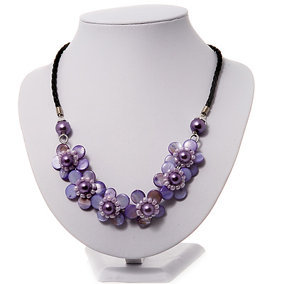 Lavender Floral Shell Leather Style Cord Necklace - 44cm Length