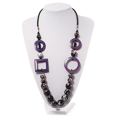 Long Purple Wood Bead Black Leather Style Cord Necklace - 74cm Length - main view