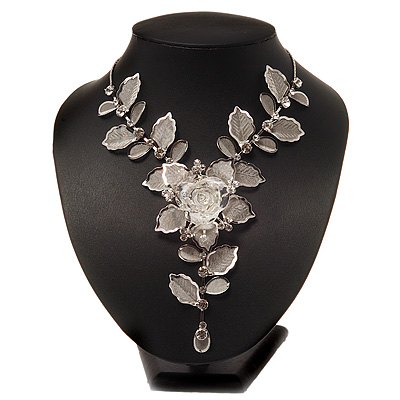 Stunning Y-Shape Mesh Silver Floral Necklace With Clear Swarovski Crystals - 34cm Length (7cm extension) - main view