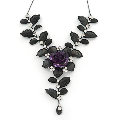 Stunning Y-Shape Mesh Black Floral Necklace With Clear Swarovski Crystals - 34cm Length (7cm extension) - main view