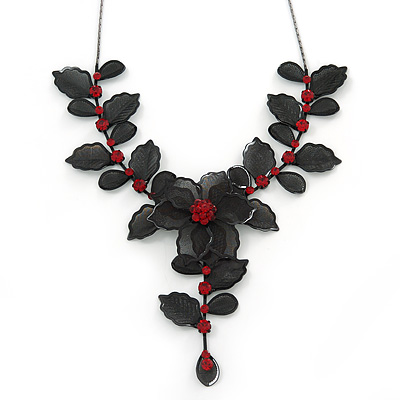Stunning Y-Shape Mesh Black Floral Necklace With Ruby Red Coloured Swarovski Crystals - 34cm Length (7cm extension)