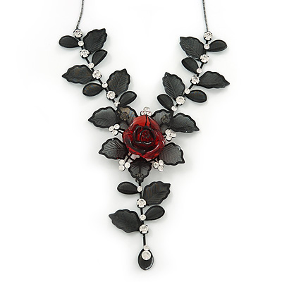 Stunning Y-Shape Mesh Black Floral Necklace With Clear Swarovski Crystals - 34cm Length (7cm extension)