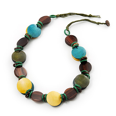 Button Shape Wood Olive Cotton Cord Necklace (Teal, Green, Brown & Yellow) - 62cm Length - main view