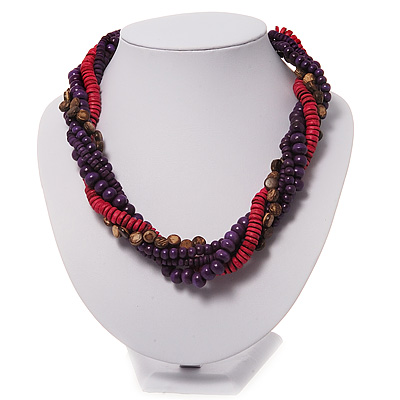 Multistrand Wood Bead Necklace (Purple, Pink & Brown) - 42cm Length - main view