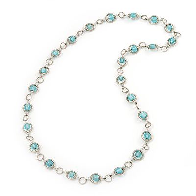 Light Blue Glass Bead Necklace In Silver Plated Metal - 72cm Length - main view