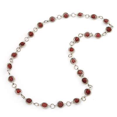 Terracotta Pink Glass Bead Necklace In Silver Plated Metal - 72cm Length - main view