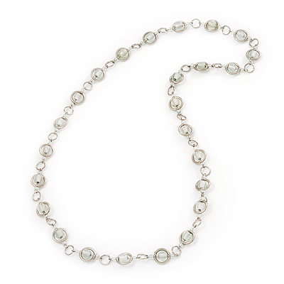 Transparent White Glass Bead Necklace In Silver Plated Metal - 72cm Length