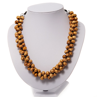 Beige Cluster Beaded Wood Cotton Cord Necklace - 46cm Length ( 4cm Extender) - main view