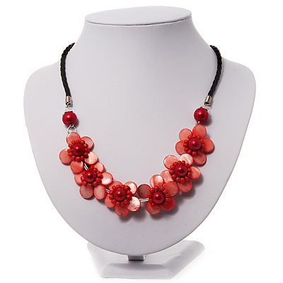 Coral Red Floral Shell Leather Style Cord Necklace - 44cm Length - main view