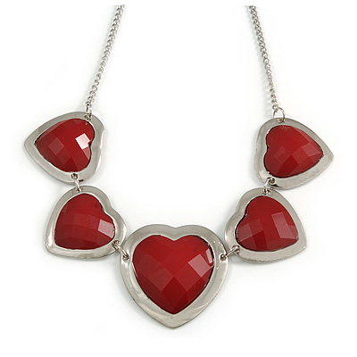 5 Red Graduated Acrylic Heart Necklace (Silver Tone) - 32cm Length (7cm Extender) - main view