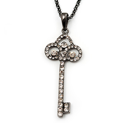 Gun Metal Diamante Key Charm Pendant Necklace - 68cm Length - main view