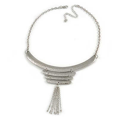 Silver Tone Hammered Bib Style Tassel Necklace - 38cm Length - main view