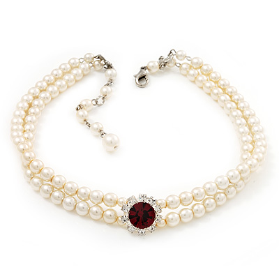 2 Strand Light Cream Imitation Pearl CZ Wedding Choker Necklace (With Ruby Red Coloured Central Stone) - main view