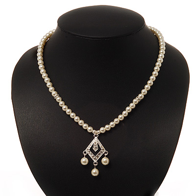Classic Light Cream Faux Pearl Bead Diamante Necklace - 40cm Length - main view