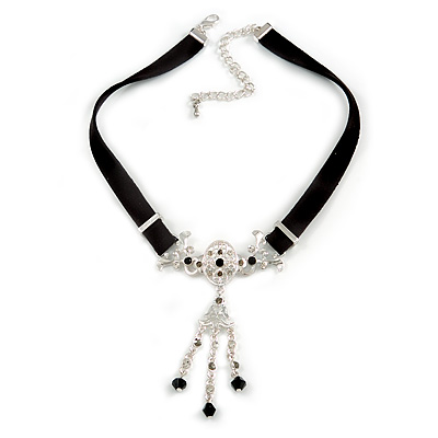 Victorian Black Suede Style Diamante Choker Necklace In Silver Tone Metal - 34cm Length with 5cm extension