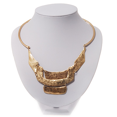 Gold Plated Hammered Bib Choker Necklace - 48cm Length - main view