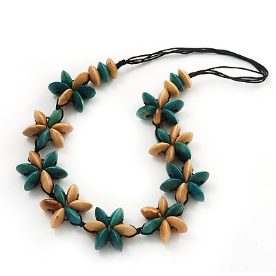 Beige/Teal Green Wooden Floral Cotton Cord Necklace - 70cm Length - main view