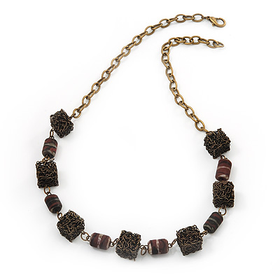 Wired Cube & Resin Bead Modern Necklace In Bronze Metal - 56cm Length - main view