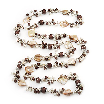Antique White Shell & Brown Imitation Pearl Bead Long Necklace - 130cm Length