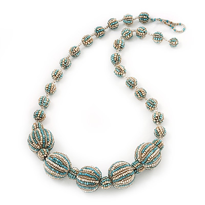 Light Blue/White Graduated Glass Bead Necklace - 50cm Length - main view