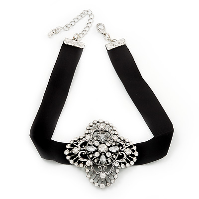 Black Velour Ribbon Diamante Filigree Cross Choker In Silver Tone Metal - 29cm Length (7cm extension) - main view