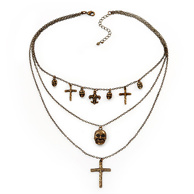 3-Strand 'Skull & Cross' Gothic Necklace In Bronze Tone Metal - 52cm Length (the longest strand) - main view
