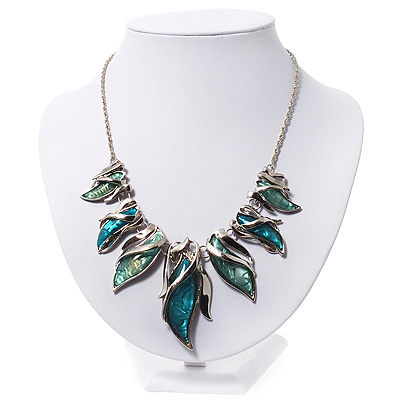 Modern Teal Resin 'Leaf' Necklace In Silver Tone Metal - 42cm Length (7cm extender) - main view