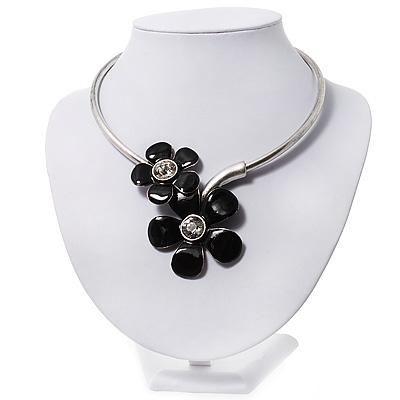 Black Enamel Floral Choker Necklace In Silver Plated Metal - main view