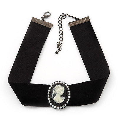 Black Velour Ribbon Simulated Pearl 'Cameo' Choker Necklace - 30cm Length & 8cm Extension - main view