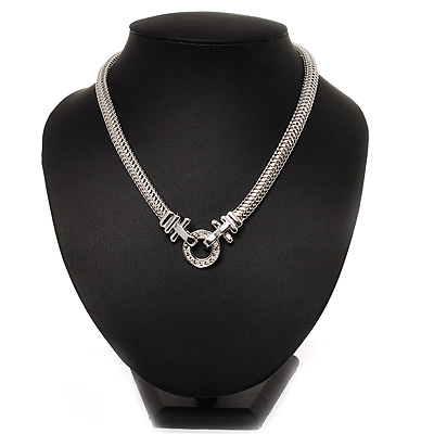 Rhodium Plated Mesh Necklace With Crystal Ring - 40cm Length - main view
