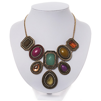 Vintage Multlicoloured Jewelled 'Bib Style' Necklace In Bronze Tone Metal - 36cm Length (5cm extension) - main view